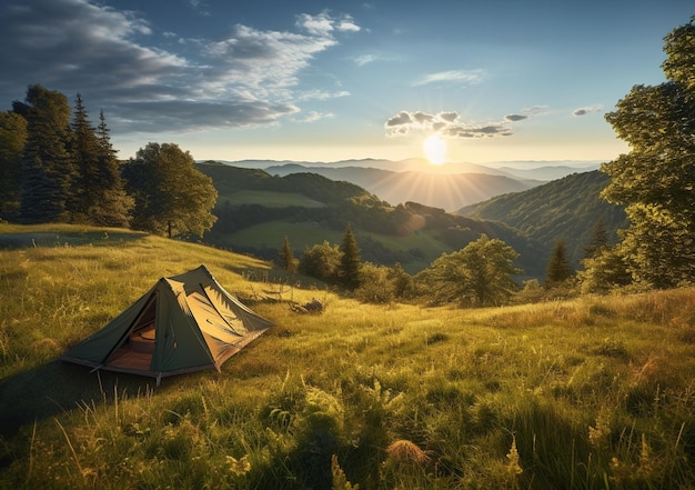 Hay una carpa levantada en un campo con montañas al fondo ai generativo