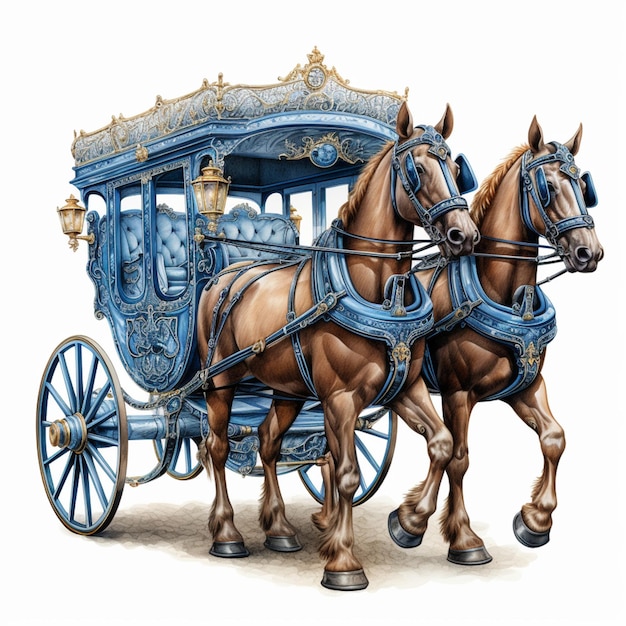 Foto hay un carruaje azul con dos caballos tirando de él generativo ai