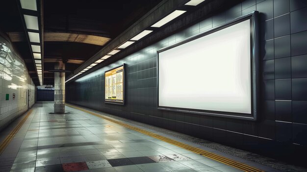 Foto hay un cartel vacío en una estación de metro con una línea amarilla generativa ai