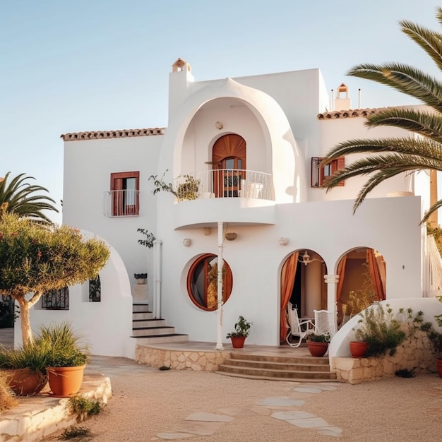 hay una casa blanca con una palmera en frente de ella generativo ai