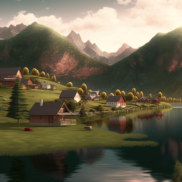 Hay casas en el valle de las montañas Las casas fueron renderizadas en 3d. ilustración de trama