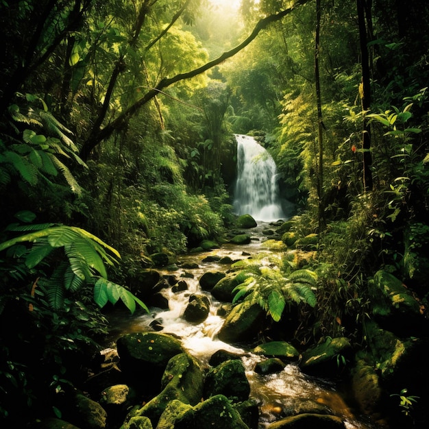 Hay una cascada en medio de un bosque con rocas y árboles generativos ai