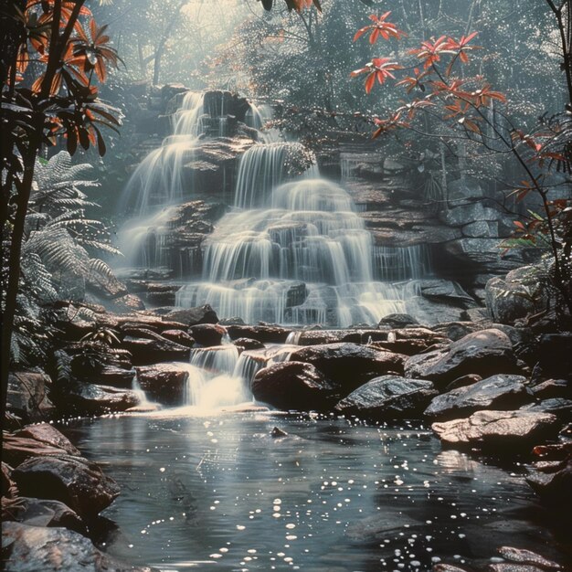 Hay una cascada en el medio de un bosque con rocas generativas ai