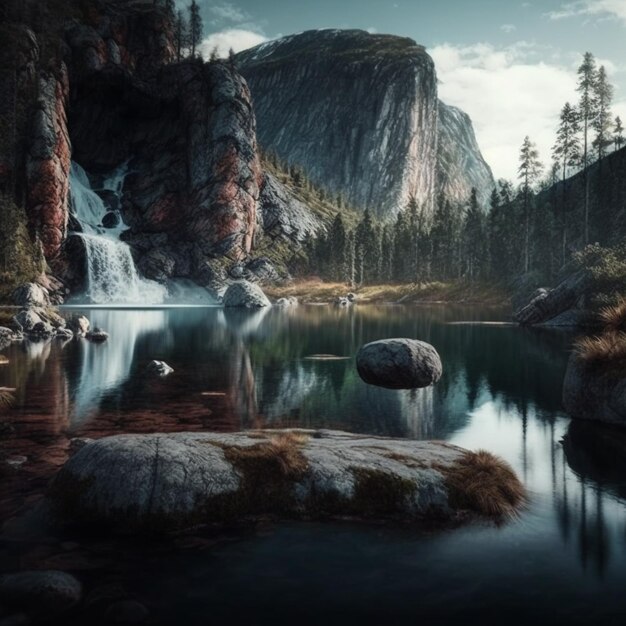 hay una cascada en el medio de una montaña con rocas en el agua generadora ai