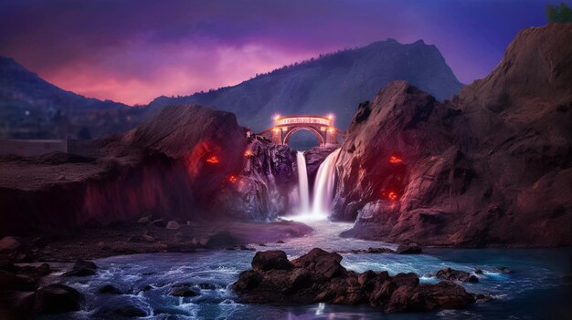 Foto hay una cascada con un puente sobre ella en medio de una montaña generativa ai
