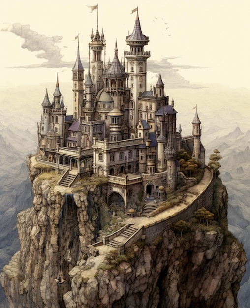 hay un castillo en un acantilado con un fondo de cielo generativo ai