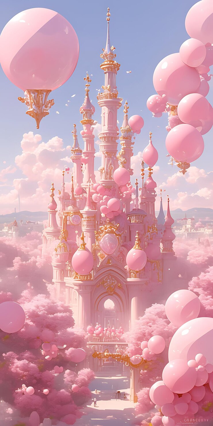 hay un castillo con globos flotando en el cielo