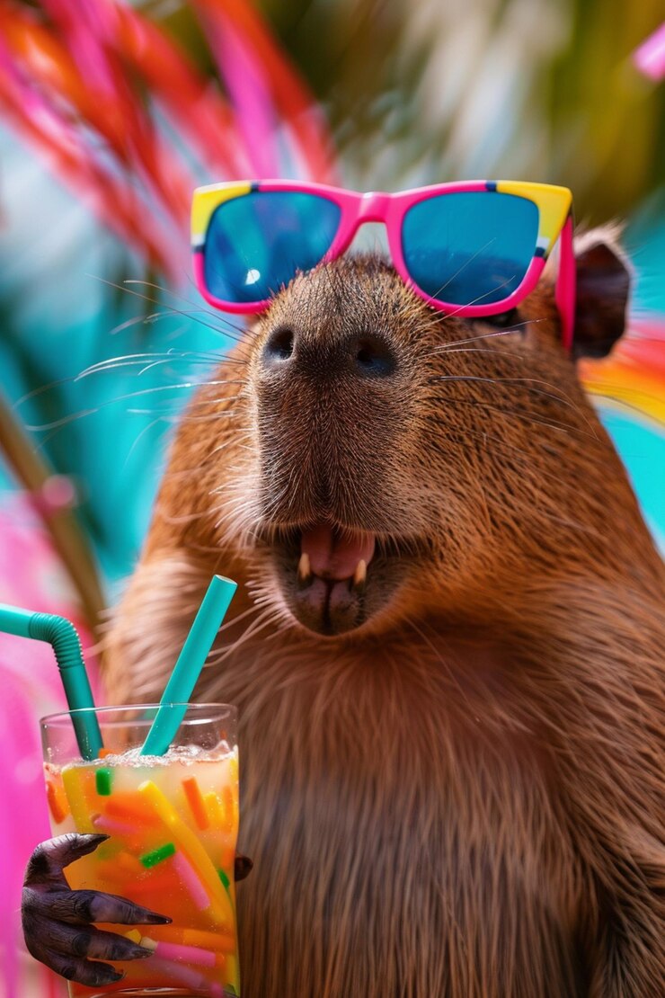 hay un castor con gafas de sol y una bebida en su mano generativo ai