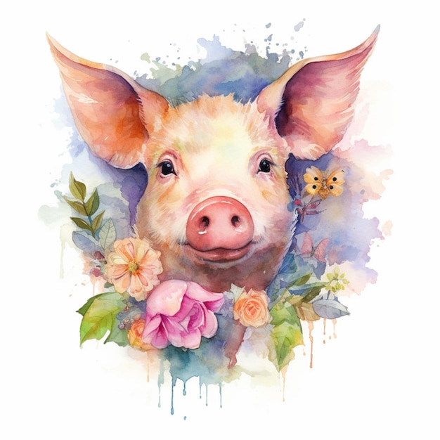 Hay un cerdo con flores en la cabeza y una mariposa en la nariz generativa ai