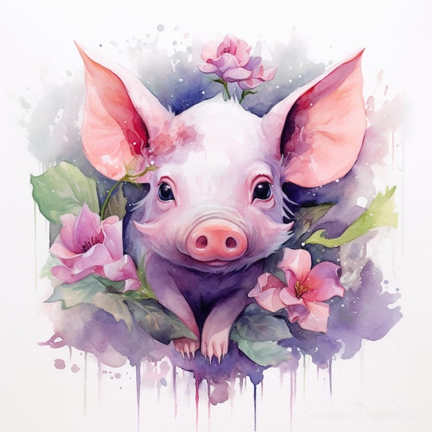 Hay un cerdo con flores rosas en su cabeza generativo ai
