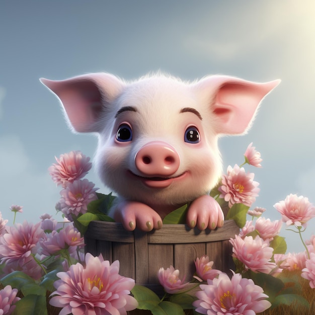 hay un cerdo que está sentado en una canasta de flores ai generativa