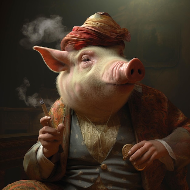 Hay un cerdo que fuma en pipa y lleva un sombrero ai generativo.