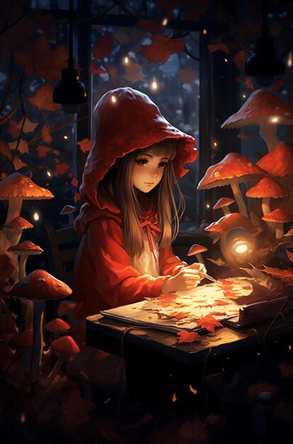 hay una chica con una capucha roja sentada en una mesa con una vela generativa ai