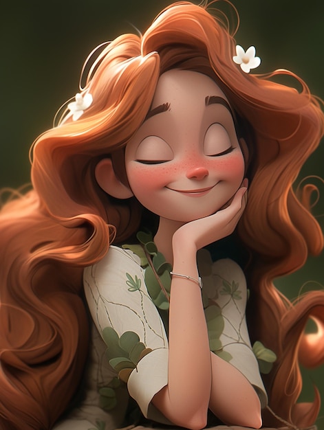 hay una chica de dibujos animados con cabello rojo largo y una flor en su cabello generativa ai