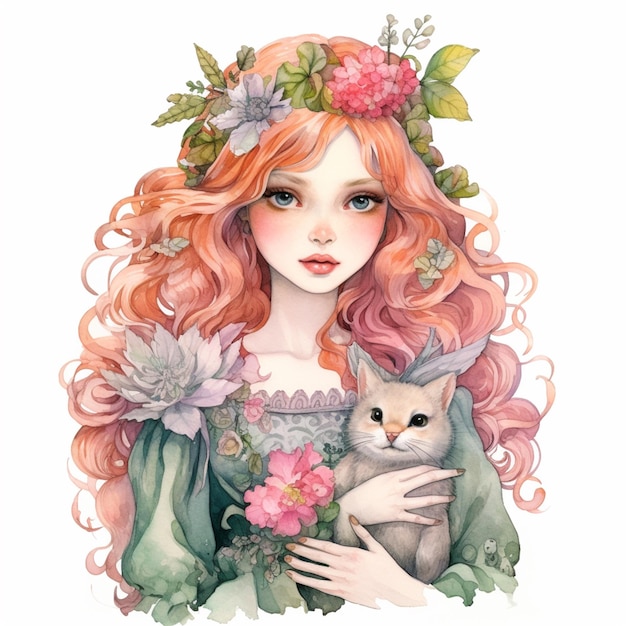 hay una chica con un gato y flores en su cabello generativo ai