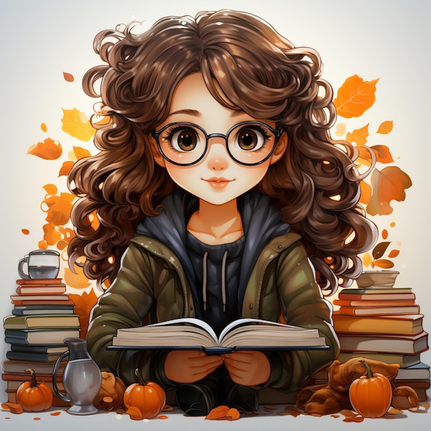 hay una chica leyendo un libro mientras está rodeada de hojas de otoño generativa ai