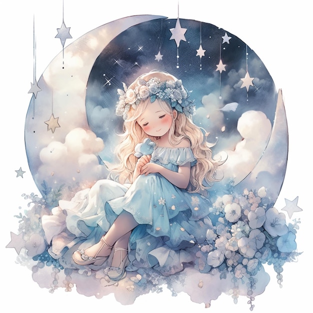 hay una chica sentada en una luna con una corona de flores generativa ai