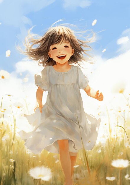 hay una chica con un vestido corriendo por un campo de flores ai generativo