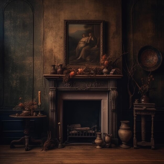 hay una chimenea con una imagen en una habitación con ai generativo