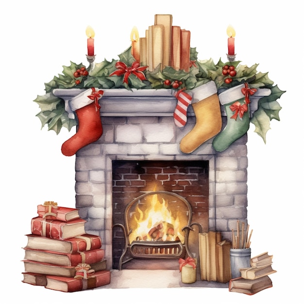 Hay una chimenea con un montón de libros y un ai generativo de calcetín navideño.