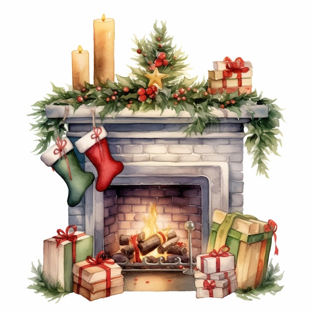 Hay una chimenea con regalos y un calcetín de navidad generativo ai.