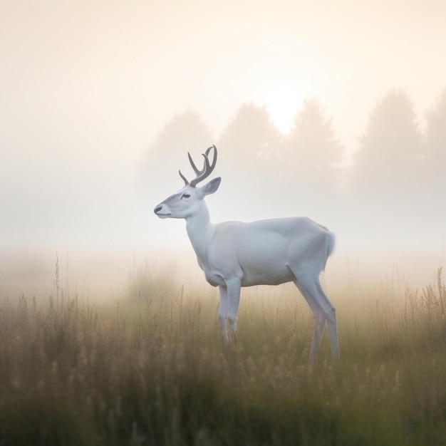 hay un ciervo blanco de pie en un campo con niebla generativa ai