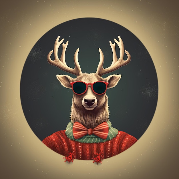 hay un ciervo con gafas de sol y un suéter con una corbata de papilla generativa ai