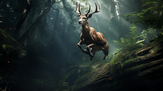 hay un ciervo que está saltando sobre una roca en el bosque generativo ai