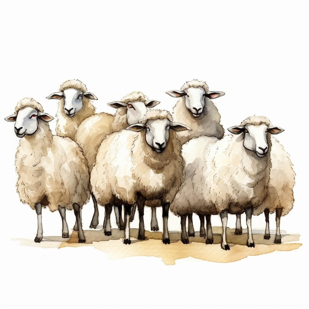 Hay cinco ovejas paradas juntas en una fila en el suelo ai generativo