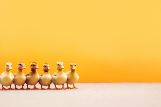 hay cinco patitos parados en fila sobre un fondo amarillo ai generativo