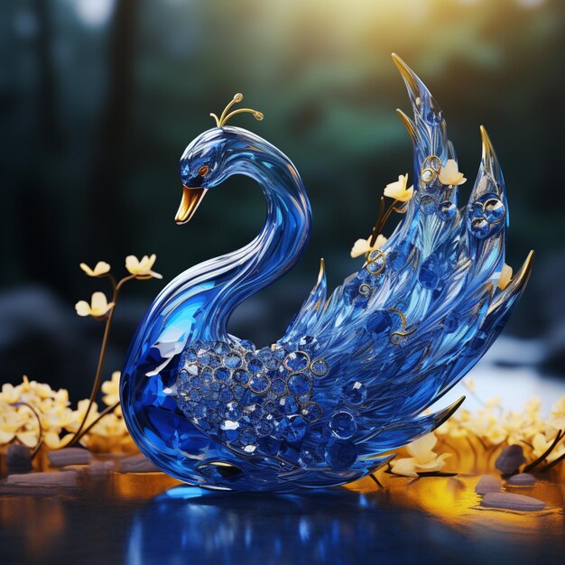 Hay un cisne de vidrio azul sentado en una mesa con flores generativas ai