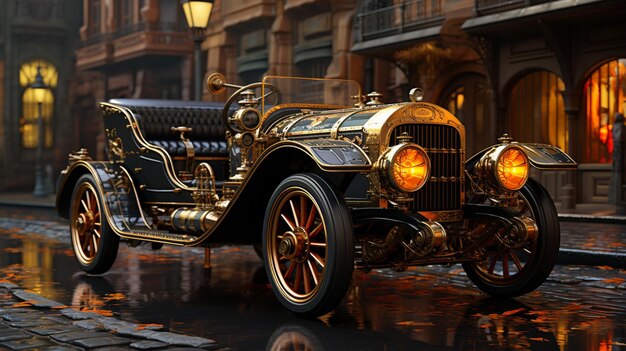 Foto hay un coche dorado estacionado en la calle bajo la lluvia.