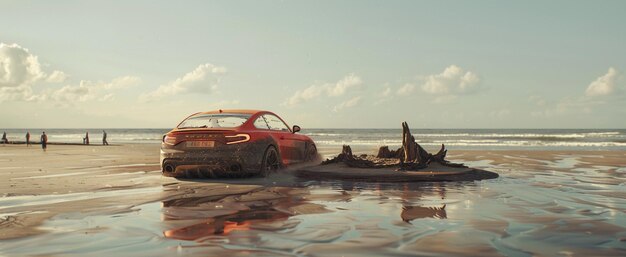 hay un coche que está sentado en un castillo de arena en la playa generativo ai
