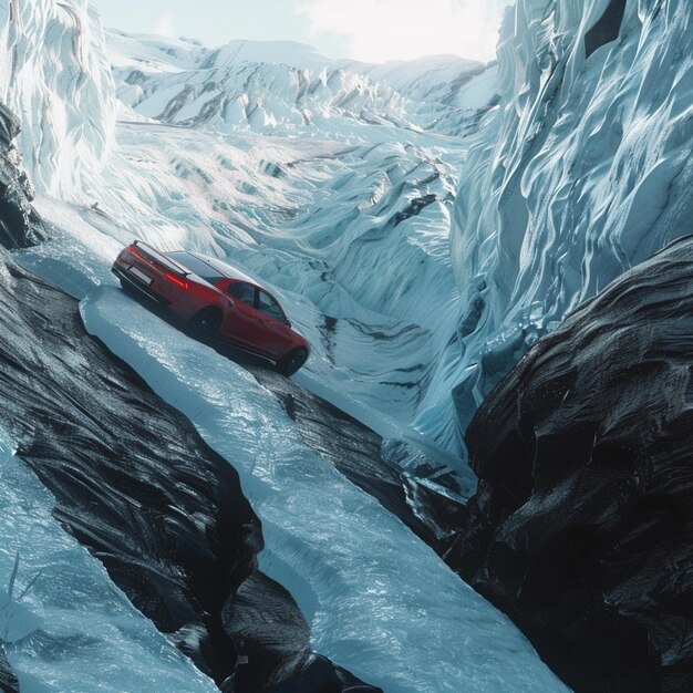 Foto hay un coche rojo que está conduciendo a través de una cueva de hielo estrecha generativa ai