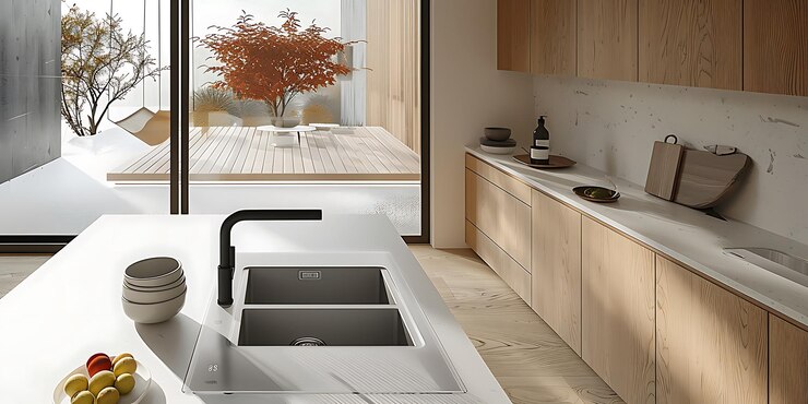 hay una cocina con un fregadero y una gran ventana
