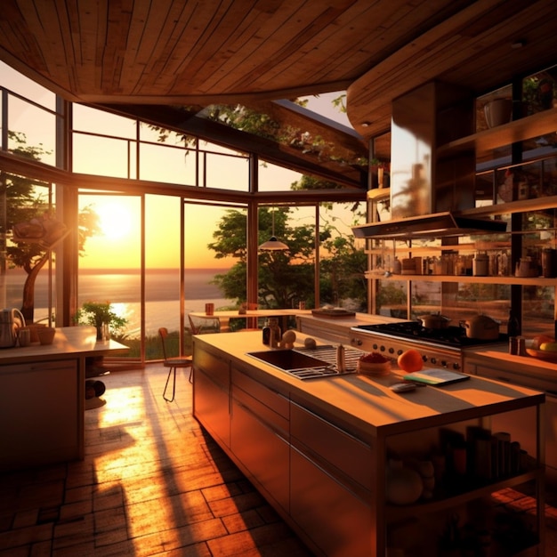 Hay una cocina con una gran isla y un gran ventanal generativo.