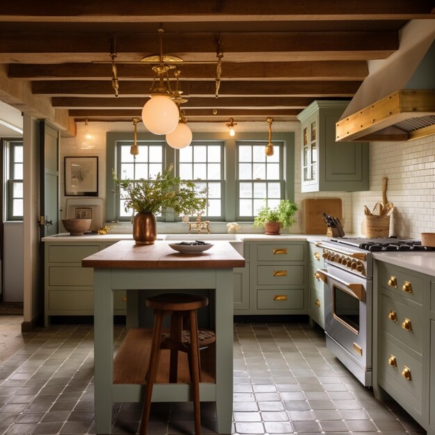 Foto hay una cocina con una mesa y una estufa en ella generativo ai