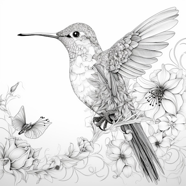 Hay un colibrí sentado en una rama con flores generativas ai