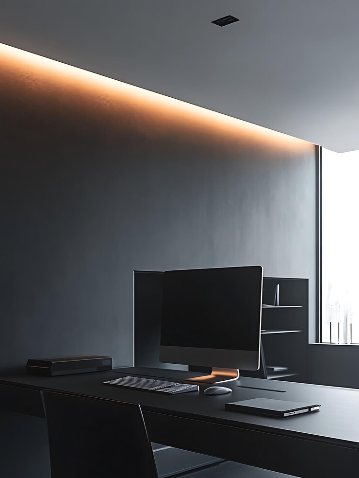 hay una computadora en un escritorio en una habitación oscura