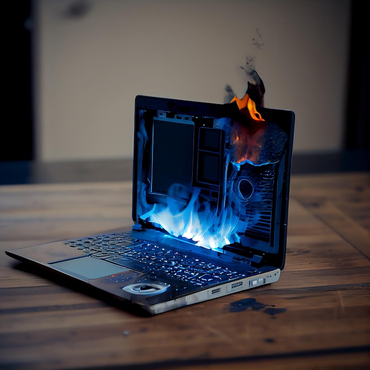 Foto hay una computadora portátil que está en llamas con una pantalla rota