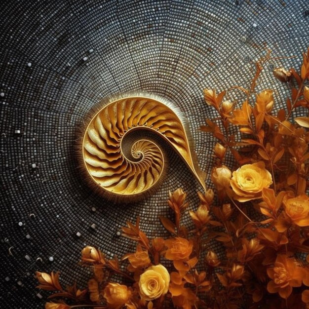 Foto hay una concha de oro en una mesa con flores generativas ai