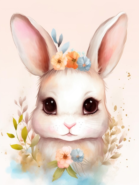 Hay un conejo blanco con una corona de flores en la cabeza ai generativo