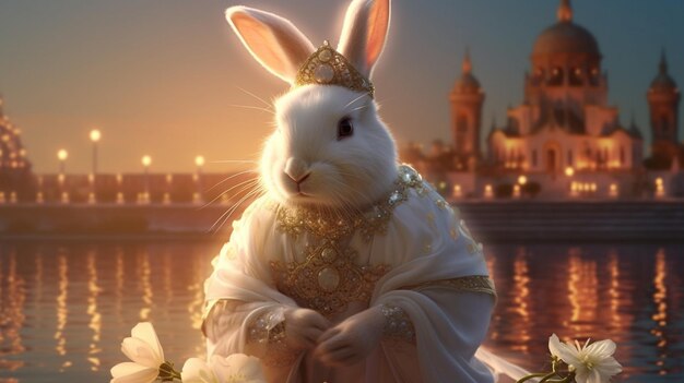 hay un conejo blanco con una corona sentado en una repisa generativa ai