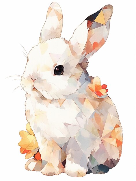 hay un conejo blanco sentado sobre una superficie blanca con una flor ai generativa