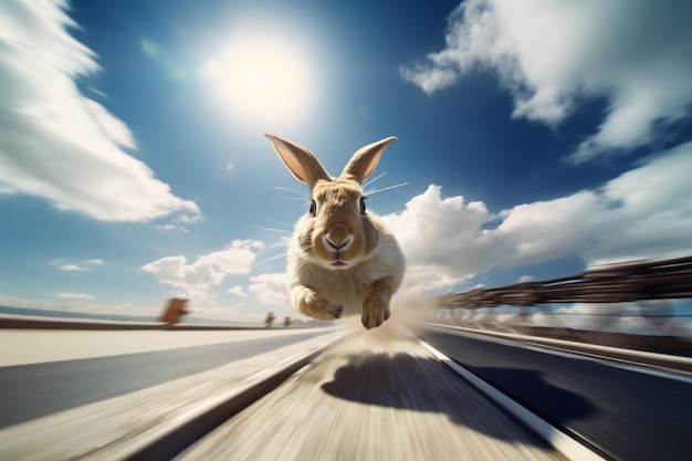 Foto hay un conejo corriendo por la carretera con el sol en el fondo generativo ai