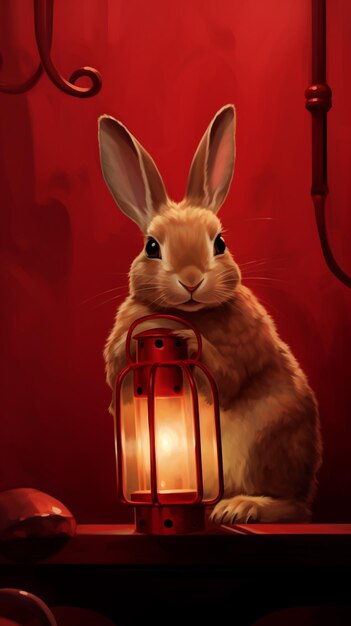 Hay un conejo que está sentado en una mesa con una lámpara generativa ai