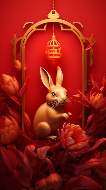 Hay un conejo sentado en un marco con flores y un ai generativo en forma de jaula.