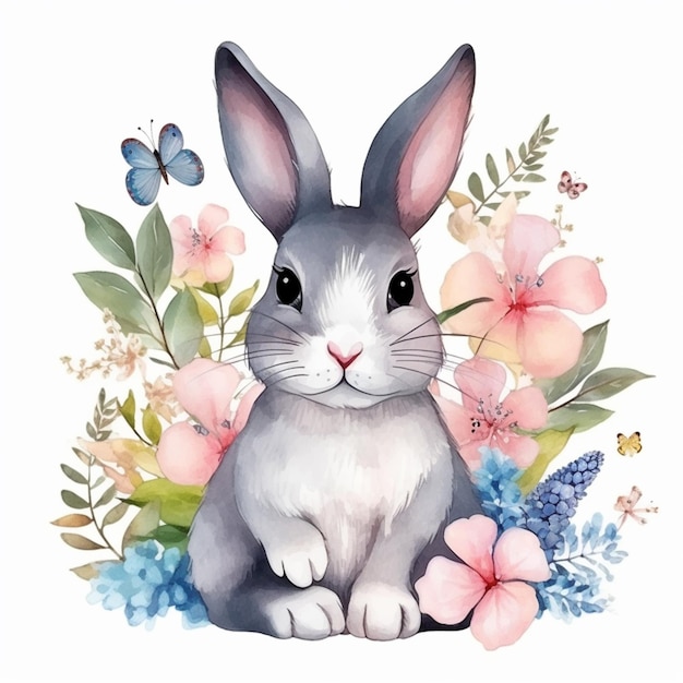 Hay un conejo sentado en medio de un arreglo floral ai generativo
