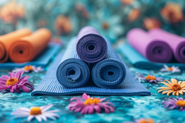 Hay un conjunto de esteras de yoga en el suelo de madera en la habitación Día Internacional del Yoga