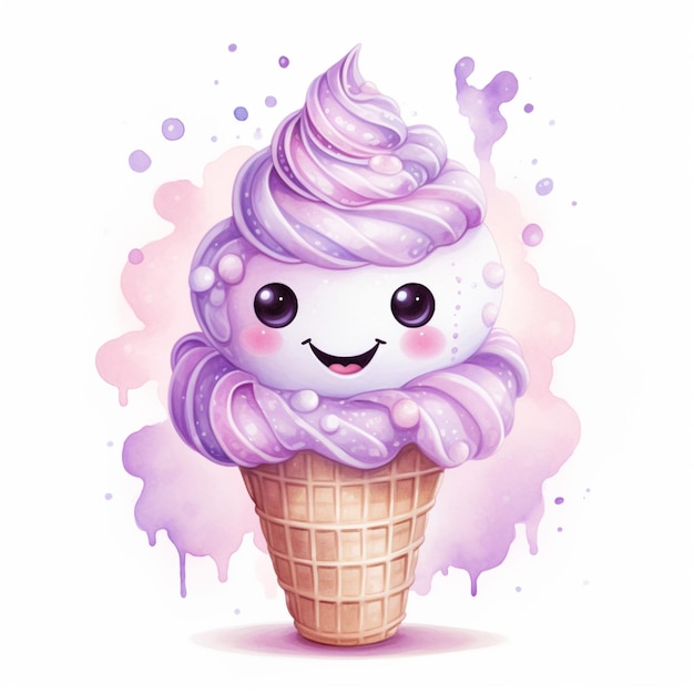 hay un cono de helado de dibujos animados con una ai generativa de remolino púrpura